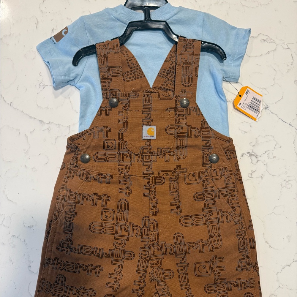 Carhartt infant short sleeve bodysuit and canvas shortall set brown